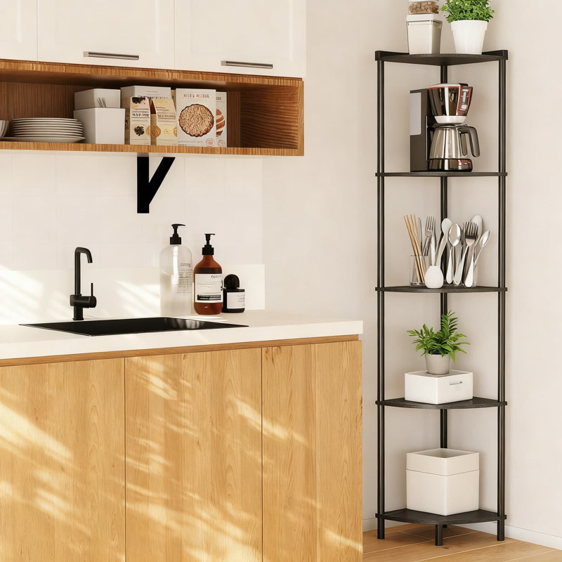 5-Tier Industrial Corner Shelf Stand, 65" Tall Display Organizer With Rustic Brown Finish For Living Room, Bedroom, And Small Spaces