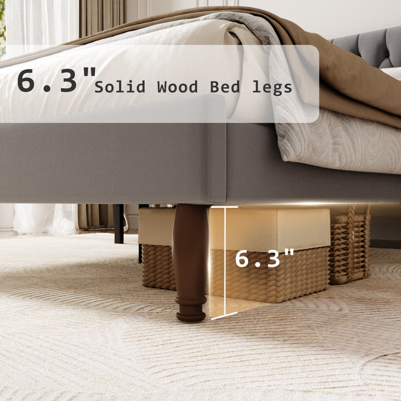 Velvet Upholstered Bed Frame, 49.2" Tall Wingback Headboard, Deep Button Tufted, Solid Wood Legs, No Box Spring Needed, Gray