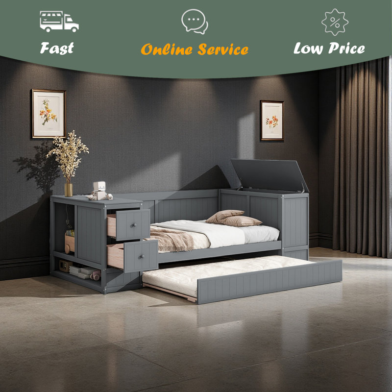 Twin Size Daybed With Storage Arms, Gray
