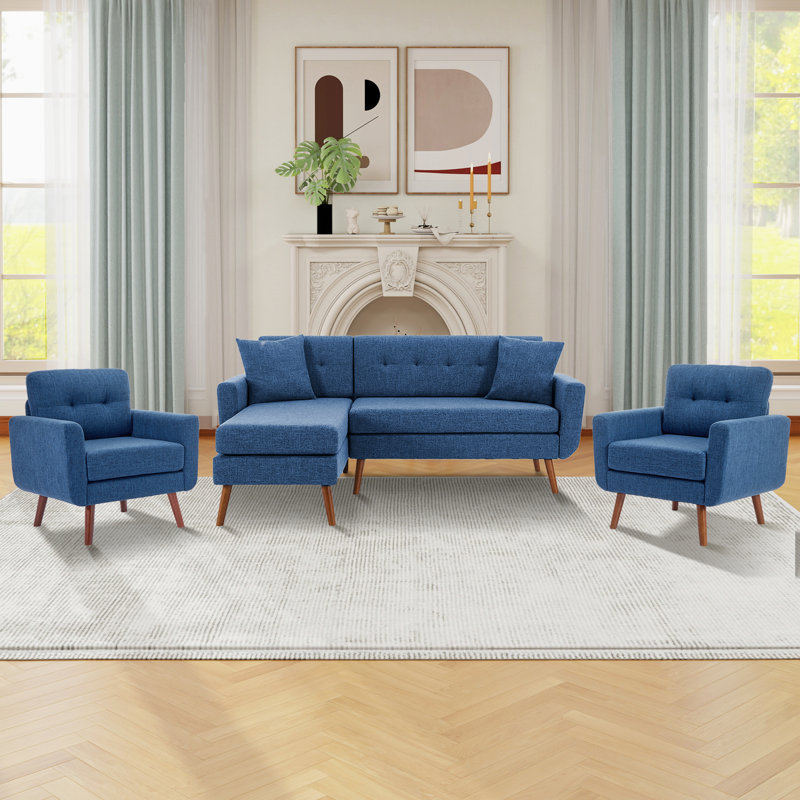 Canapé avec 2 fauteuils, ensemble de salon en lin 3 pièces, Bleu