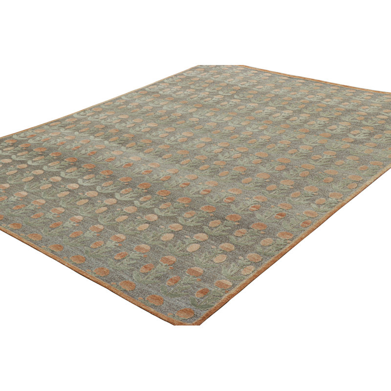 Rug & Kilim’S Block Print Rug Design. Brown And Green And Orange Floral Patterns, Rectangle 6' x 9'