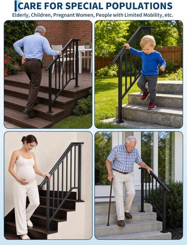 Main courante réglable pour 3 à 4 marches extérieures, rampe d'escalier en fer forgé avec balustres, noir, 500 lb