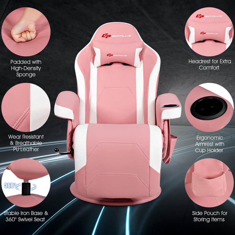 Pink and White PU Leather Reclining Gaming Chair with Footrest