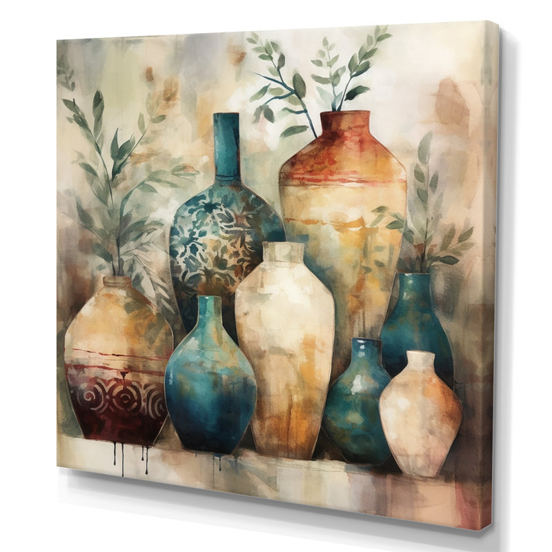 Poterie artisanale verte et orange Kingsfield I - Boho Pottery, reproduction d'art encadrée, H 30 po x l 30 po, Toile tendue