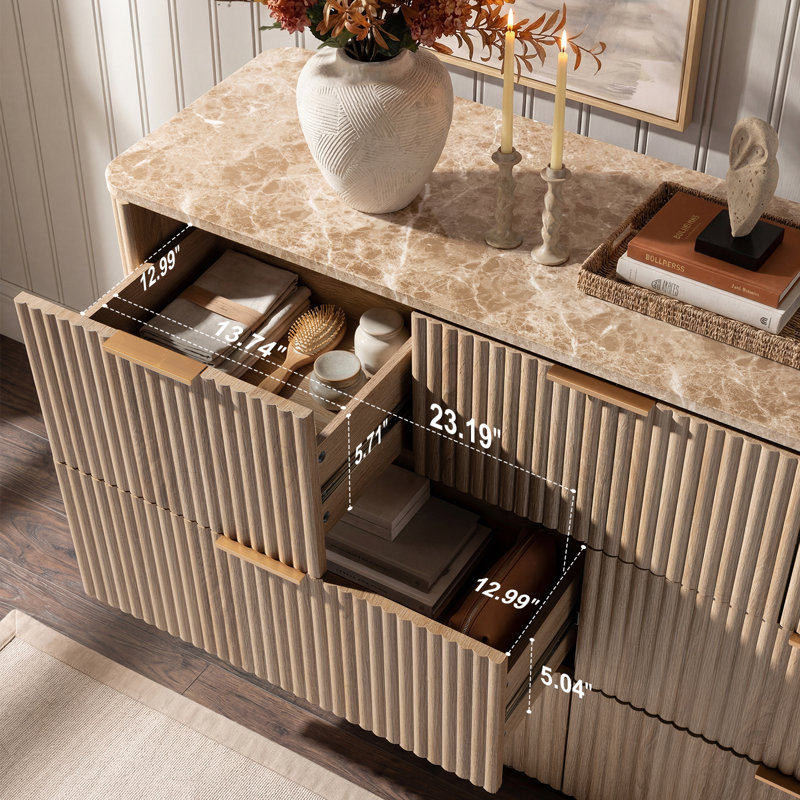 Commode moderne à 7 tiroirs avec plateau en faux marbre, commode 3 côtés, Chêne