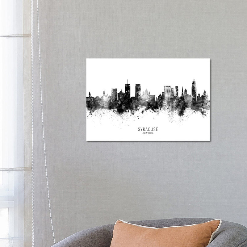 Syracuse New York Skyline Name Bw by Michael Tompsett - 1 Piece Wrapped Canvas Wall Art, 45.72cm H x 66.04cm W