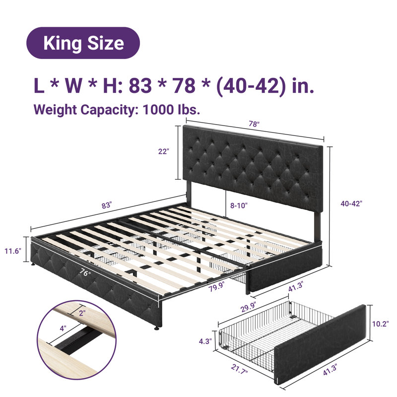 Zelna Upholstered Platform Storage Bed with 4 Drawers and Sleek Button Tufting, Black, King
