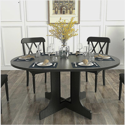 Dining Table for Farmhouse Kitchen 59x43 Inch Expandable Oval Table Top with Removable Leaf Trestle X Shaped Base Black