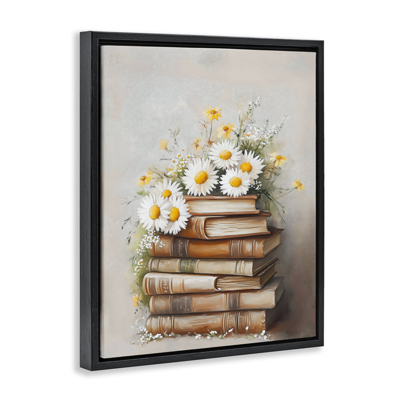 Pile à livres avec cadre flottant marguerites, design par Arlington Prints, Cadre flottant noir de jais, H 21 po x l 17 po