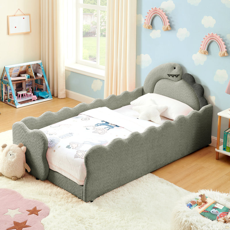Lit simple pour enfant en forme de dinosaure avec garde-corps sécuritaire, base de lit pour tout-petit en bois massif, Gris