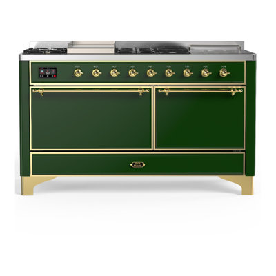 Cuisinière à carburant double de 60 pouces avec 7 brûleurs scellés, plaque chauffante et plateau français en vert émeraude Majestic III Series (propane liquide, garniture laiton)