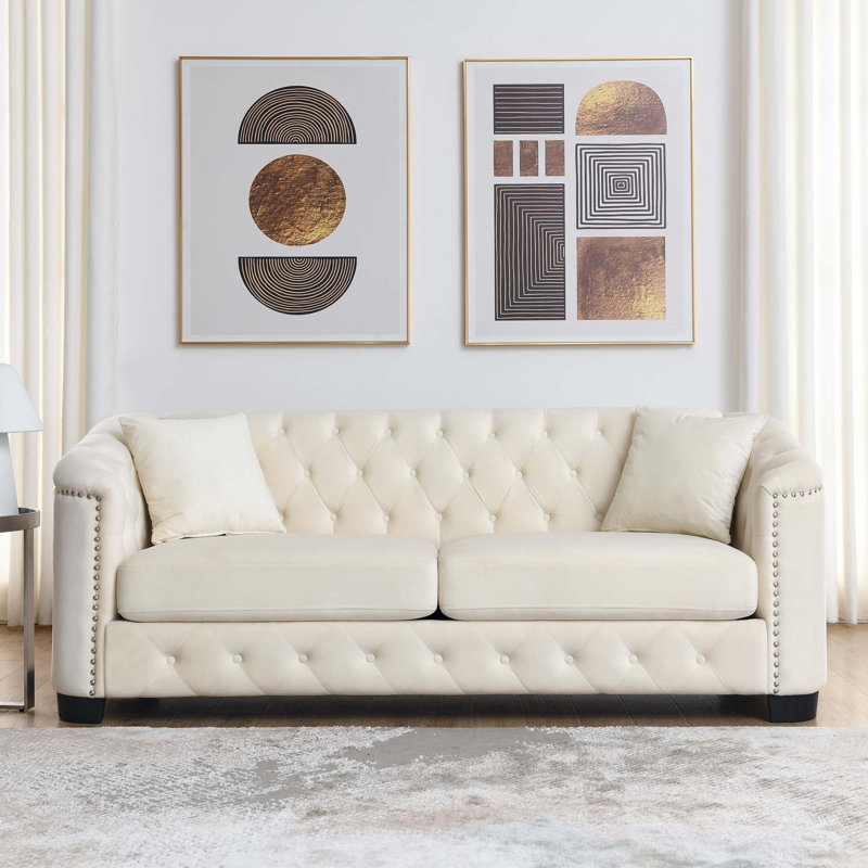 Canapé en velours Chesterfield 77 po, Beige