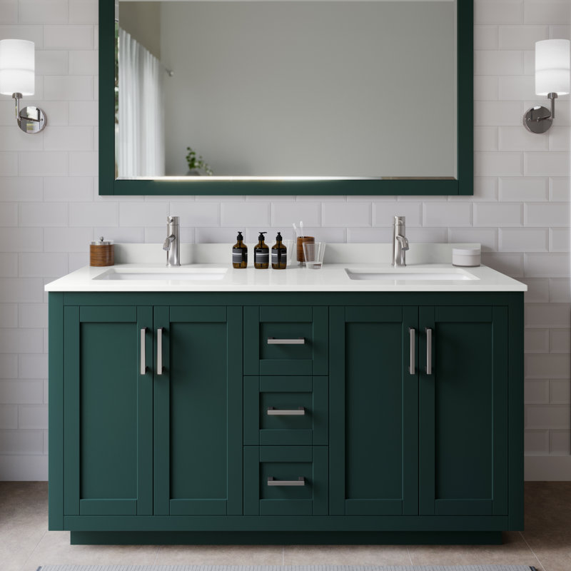 Meuble-lavabo double autoportant 60 po avec plateau en quartz Miranda, Quartz blanc, Vert, Nickel brossé