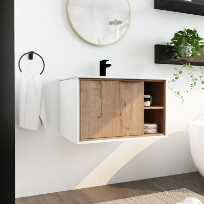 Meuble-lavabo moderne avec lavabo en céramique. 30 po. Porte à fermeture en douceur. Finition imitation chêne. Bassin en contreplaqué. Style flottant de 30 po. Base moderne