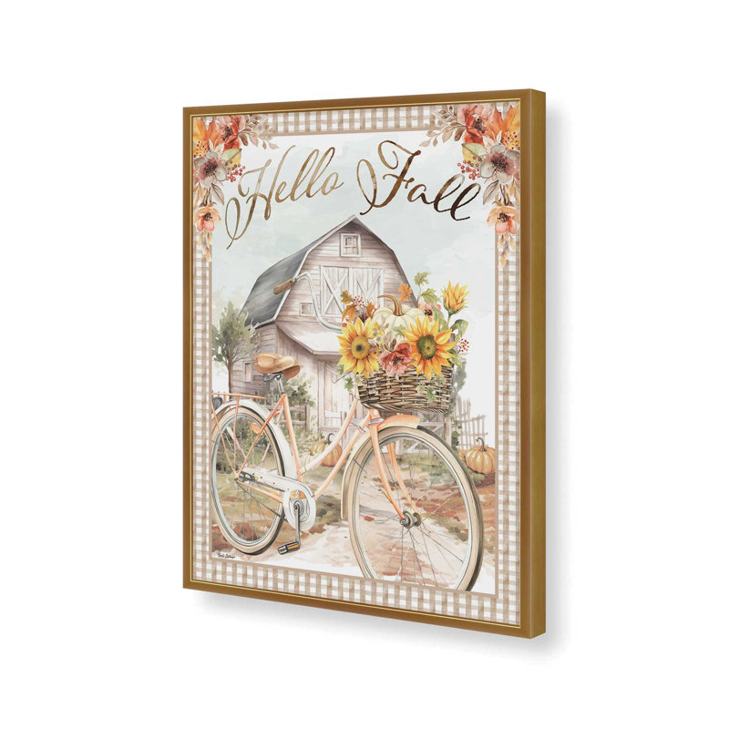 «Hello Fall Barn» par Nicole DeCamp, reproduction d'art, L 24 po x H 32 po, Or, Impression encadrée