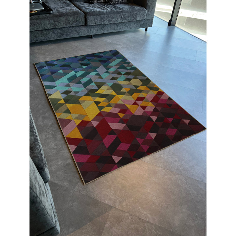 Tapis décoratif moderne à motif géométrique multicolore bleu-rouge, Rectangle 3 pi 11 po x 5 pi 10 po