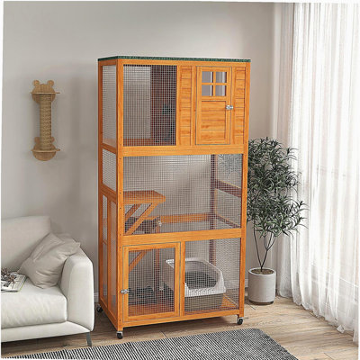 PawHut 74" Wooden Outdoor Cat House Weatherproof & Wheeled, Catio Outdoor Cat Enclosure with High Weight Capacity, Kitten Cage Condo, Orange