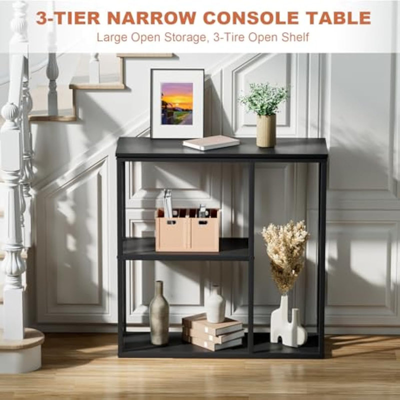 Black Metal Industrial Console Table with 3-Tier Storage