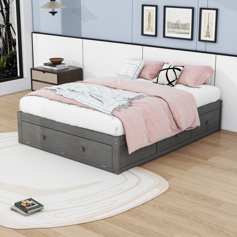 Grand lit plateforme en bois avec quatre tiroirs, Gris antique