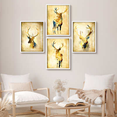 Or jaune jaune, chevreuils, art encadré, affiches, salle de bain, petit art mural