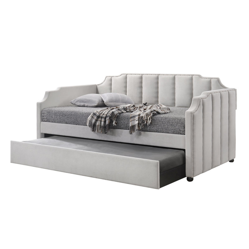 Upholstered Velvet Daybed with Trundle Bed, Light Gray