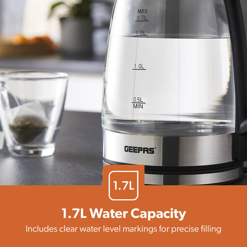 GEEPAS Illuminating Electric Glass Kettle | 1.7L Cordless Jug Kettle with Stainless Steel Heating Element Auto Shut Off Boil-dry Sensor | Safety Locking Lid Cord Storage | 2 Year Warranty 2200W