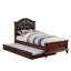 Lit simple avec lit gigogne de style contemporain, couleur cerise foncée, contreplaqué de pin et tête de lit en simili cuir noir avec placage de bouleau