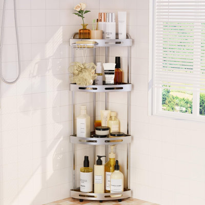 4 Tier Standing Shower Organizer With Soap Holder, Rustproof Stand Shower Shelves For Bathroom Shampoo Storage, Silver