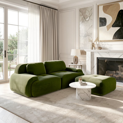 L-Shaped Modular Sofa in Soft Corduroy, Modern Olive Green 80in Sectional for Living Rooms