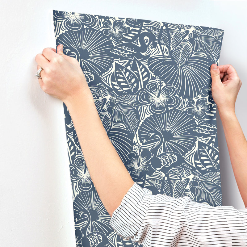 Idalia Navy Floral Flamingo Wallpaper, Blue