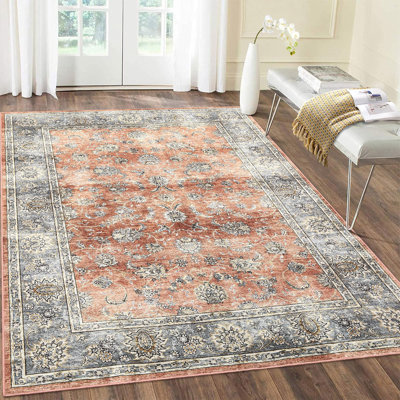 Vintage Floral Machine Washable Rug Low Pile Bedroom Rug Stain Resistant Boho Carpet Non Slip Distressed Rug Lightweight Throw Carpet