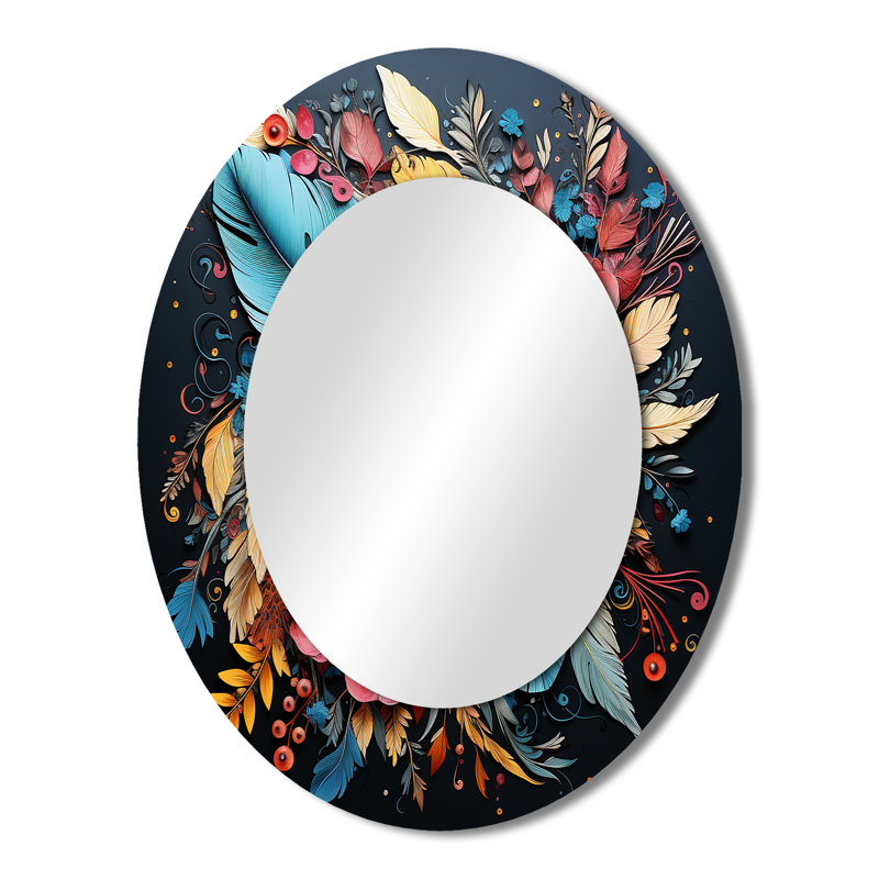 Boho Flowers Bouquet In Blue And Gold I - Abstract Oval Decorative Mirror On Metal, 43" x 33"