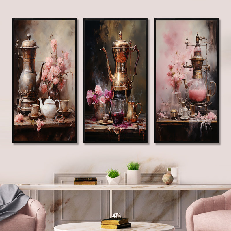 Nature morte au thé rose Elegance, H 28 po x l 36 po, Cadre flottant noir