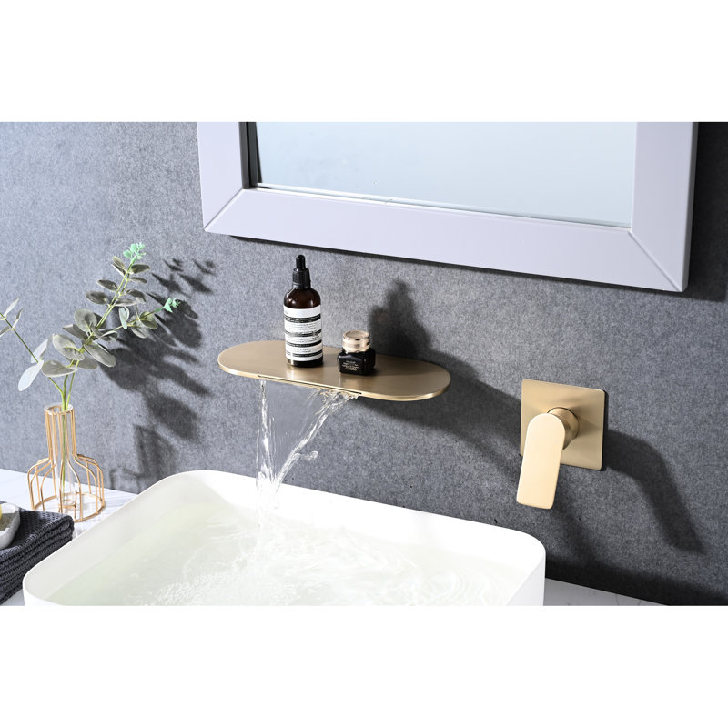 Modern Bathroom Waterfall Faucet, Wall Mounted, Single Handle, Enticing Stainless Steel With Brushed Gold Decoration Sink Mounted Waterfall, Charming Coated