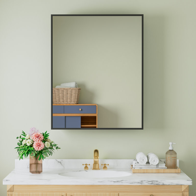 Armoire à pharmacie de salle de bain noire l 24 po x H 30 po avec miroir, tablettes réglables en verre trempé, grand espace de rangement, encastré ou à fixation en surface