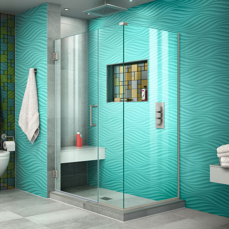 Cabine de douche rectangulaire sans cadre à panneau fixe Unidoor Plus, Nickel brossé, Clair