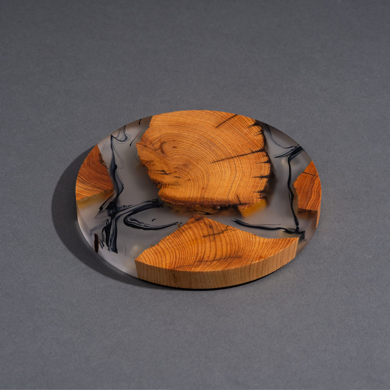 Natural Cedar and Epoxy Resin Round Coaster Set with Holder
