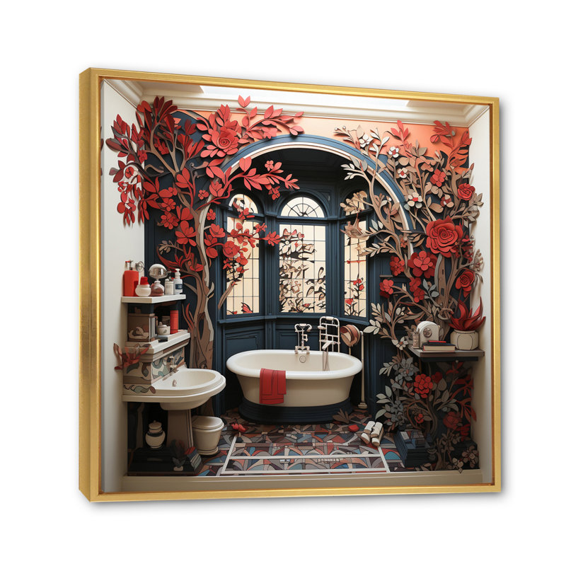 «Red Modern Bathroom Charm II», art mural «Laundry», H 16 po x l 16 po, Cadre flottant doré