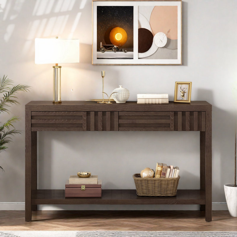 Modern Console Table With Striped Design, 2 Drawers And 2-tier Design, Brown