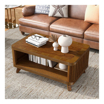 Table basse rectangulaire en bois pour le salon, table basse de 41,5 pouces avec pieds en bois massif, table basse en bois avec tablette de rangement ouverte. Assemblage facile, noyer
