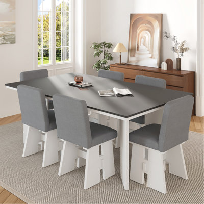 Ensemble de table de salle à manger moderne 7 pièces avec 6 chaises rembourrées, gris foncé et blanc