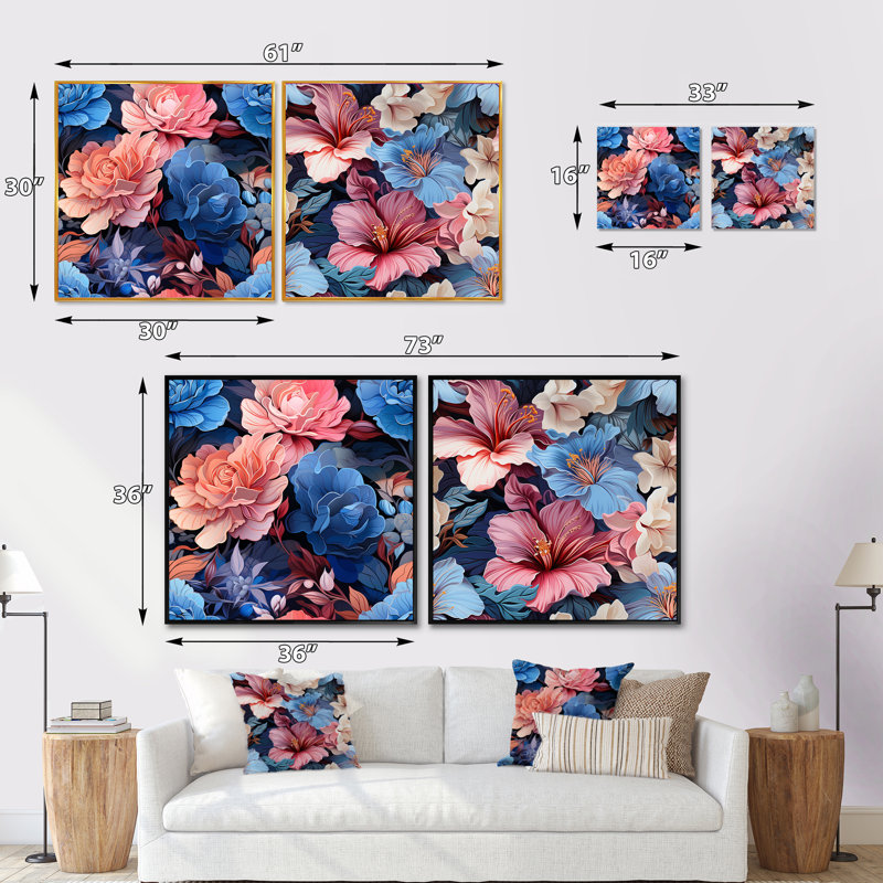 Coulter - Ensemble de 2 collages carrés floraux, Cadre flottant noir, H 16 po x l 33 po