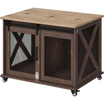 Dog Crate Furniture w/ Sliding Barn Door & Flip Top - Removable Divider, Wheels, 220lb Capacity - End Table Style