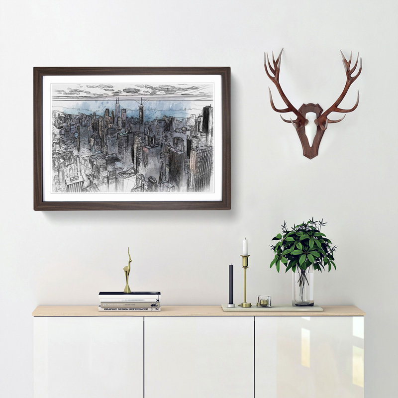 The Beauty of the Chicago Skyline in Abstract - Picture Frame Drawing Print, 36cm H x 48cm W x 2cm D, Walnut Framed