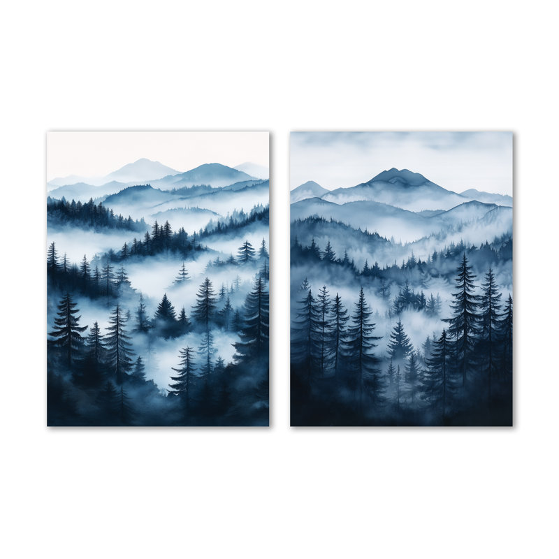 Paysage forestier au crépuscule bleu II - Montagnes - Impression d'art mural en 2 parties, 32" H x 48" W, Wrapped Canvas
