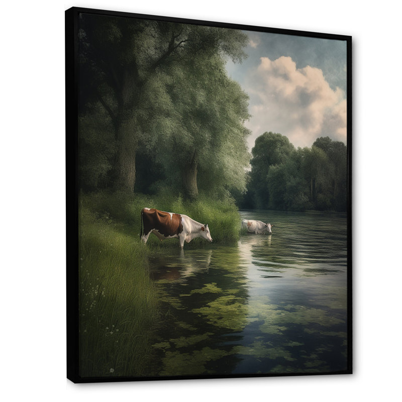 Vaches marchant près d'un lac, scène de campagne I - reproduction, 32" H x 24" W, Cadre flottant noir