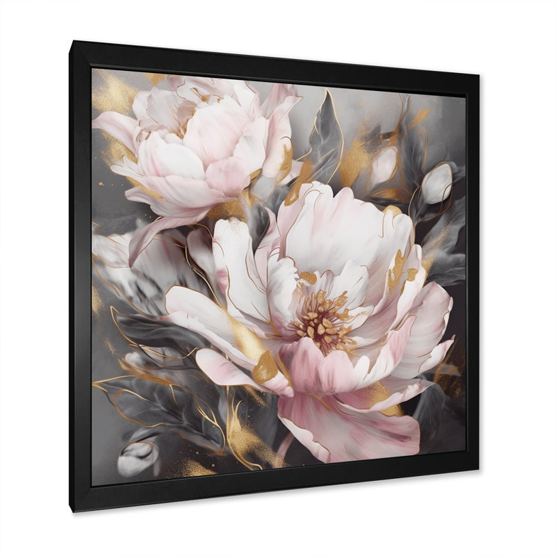 Rose, gris, pivoines, élégance II - pivoines, reproductions encadrées, Impression encadrée, H 36 po x l 36 po, Black