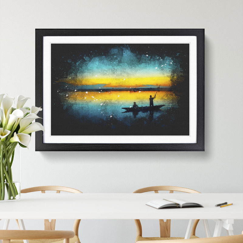 Boat Under the Sunset Vol.1 Paint Splash - Picture Frame Graphic Art, 36cm H x 48cm W x 2cm D, Black