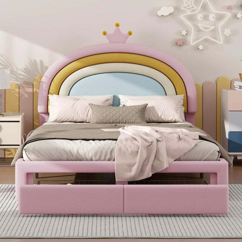 Upholstered Rainbow Design Bed With Storage Drawer, No Box-Spring Needed