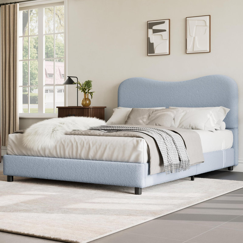 Queen Kids Bed Frame with Upholstered Boucle Headboard, Soft Low Profile Platform for Girls & Boys, Blue